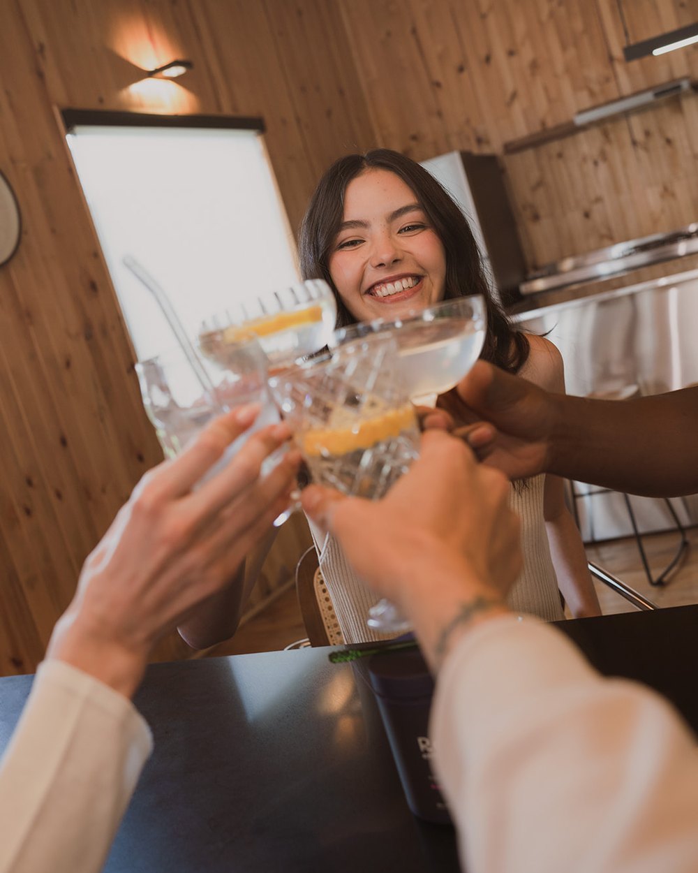 Two people touching glasses in a toast.